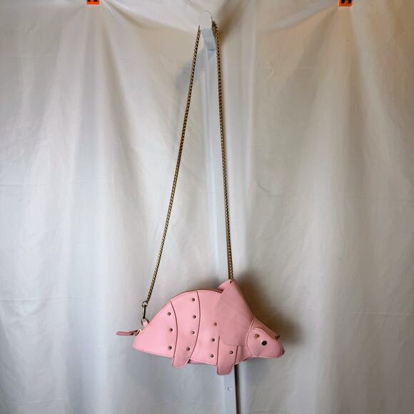 Pink Triceratops Dinosaur Crossbody Bag Studded Faux Leather Novelty Purse Gold - Picture 2 of 5